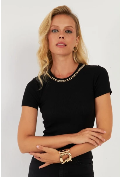 Kadın Siyah Zincir Aksesuarlı Bluz XL2020