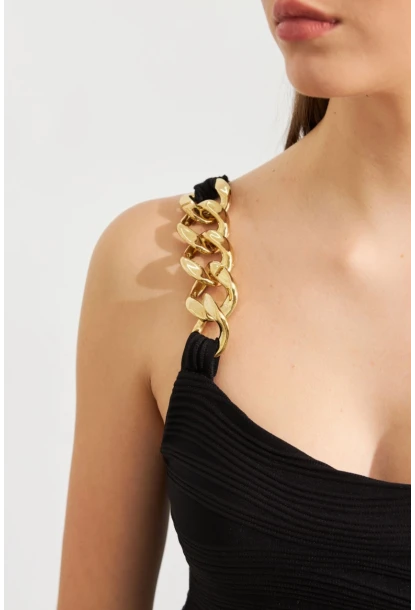 Kadın Siyah Zincir Askılı Astarlı Crop Bluz LİT109