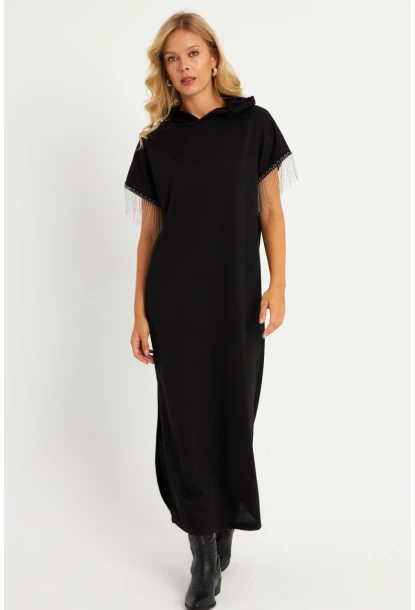 Kadın Siyah Zincir Detaylı Kapüşonlu Midi Elbise      EY2904