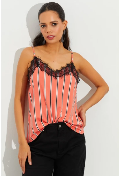 Kadın Somon Dantelli Çizgili Atlet LPP1223