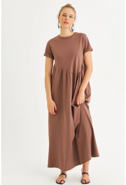 Kadın Sütlü Kahve Asimetrik Dikişli Maxi Elbise MDMR440