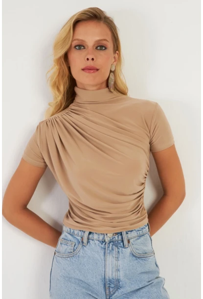 Kadın Sütlü Kahve Büzgülü Bluz LPP1287