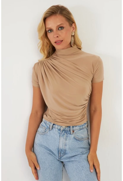 Kadın Sütlü Kahve Büzgülü Bluz LPP1287