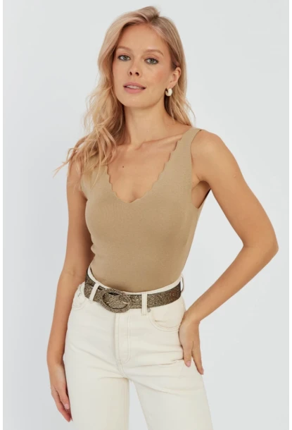 Kadın Sütlü Kahve Merdiven Yaka Triko Bluz YV83