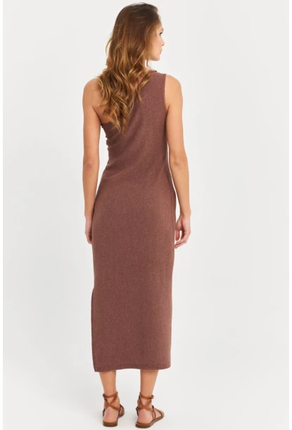 Kadın Sütlü Kahve Omuz Aksesuarlı Kolsuz Midi Elbise MOD2400