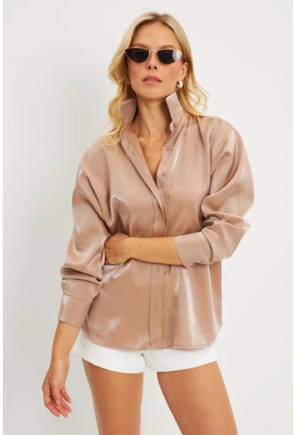Kadın Sütlü Kahve Parlak Gömlek QRS8022