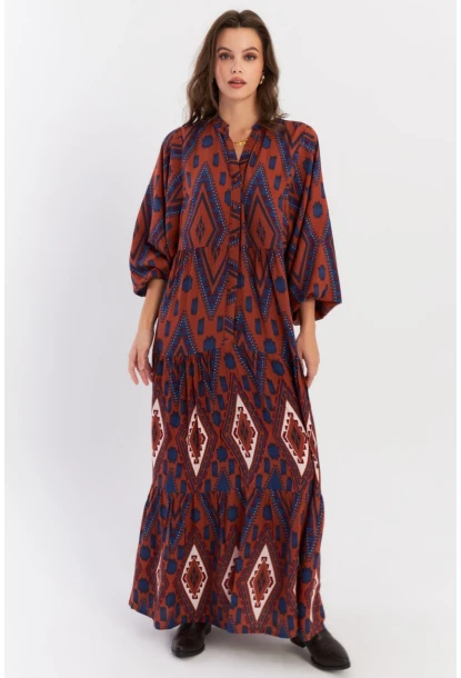 Kadın Taba Desenli Volanlı Maxi Dokuma Elbise ALO339