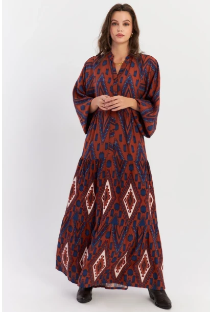 Kadın Taba Desenli Volanlı Maxi Dokuma Elbise ALO339