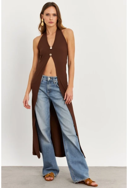 Kadın Taba Düğme Detaylı Uzun Yelek EY3048