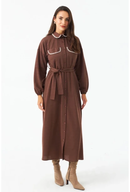 Kadın Taba Kemerli Maxi Gömlek Elbise MASF17