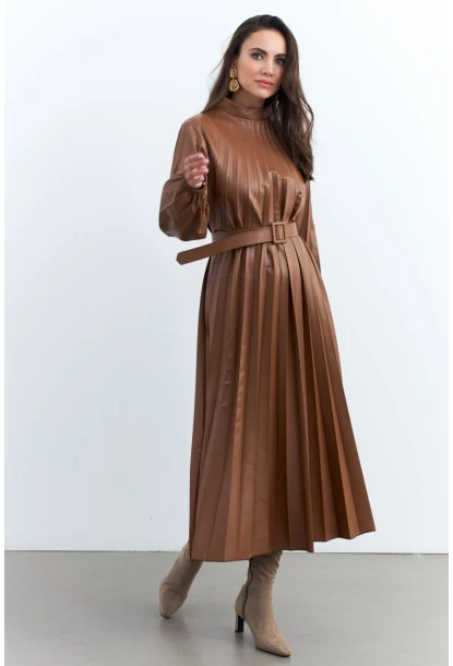 Kadın Taba Pileli Kemerli Maxi Elbise MALZ99