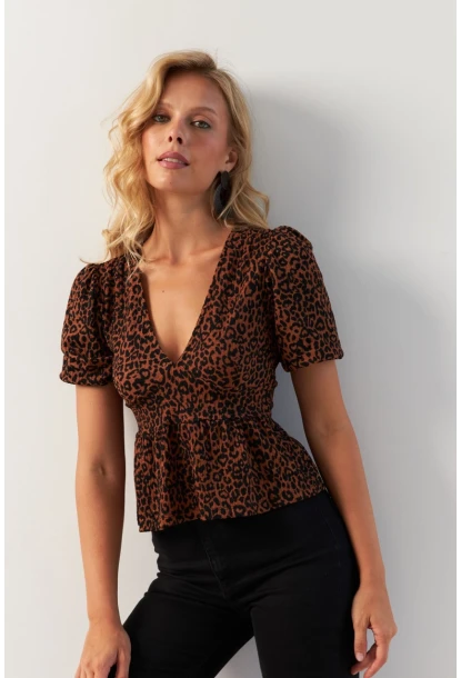 Kadın Taba V Yaka Desenli Bluz KAZ21