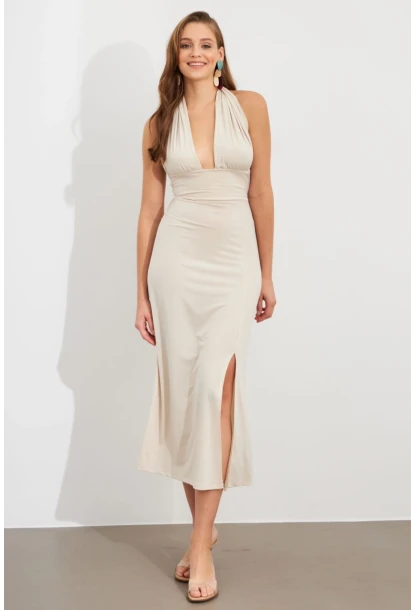 Kadın Taş Bağlamalı Sırt Dekolteli Maxi Elbise UG2003