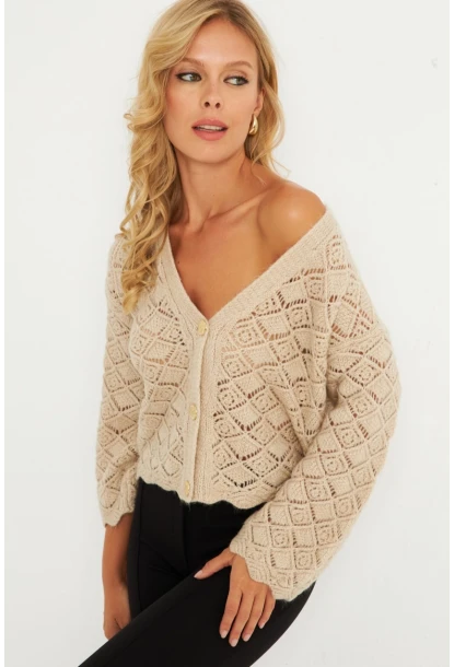 Kadın Taş Düğme Detaylı Hırka YV276