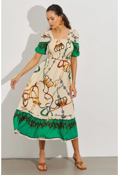 Kadın Taş Gipeli Kare Yaka Midi Elbise ÖM167