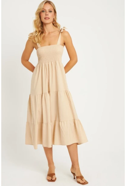 Kadın Taş Gipeli Volanlı Midi Elbise SGT407