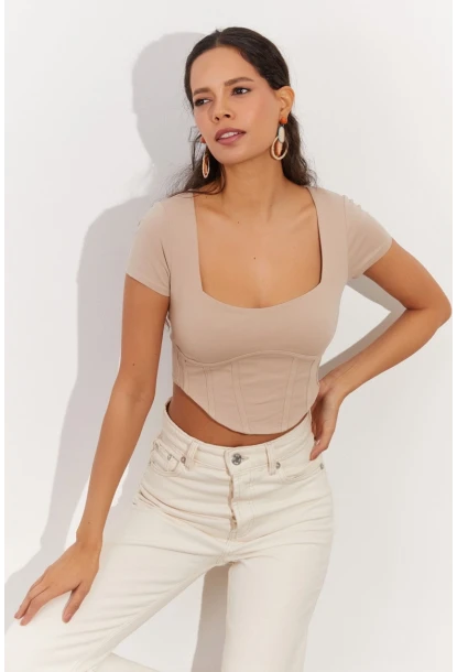 Kadın Taş Kare Yaka Crop Bluz RX420