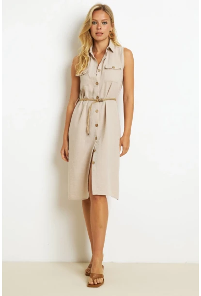 Kadın Taş Kemerli Gömlek Midi Elbise SGT404