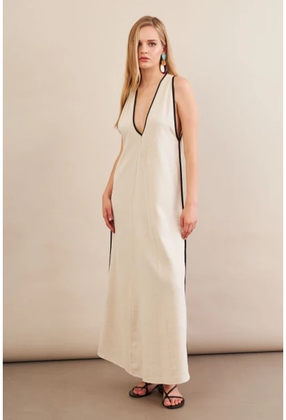 Kadın Taş Kontrast Çizgili Maxi Keten Elbise MSİ101