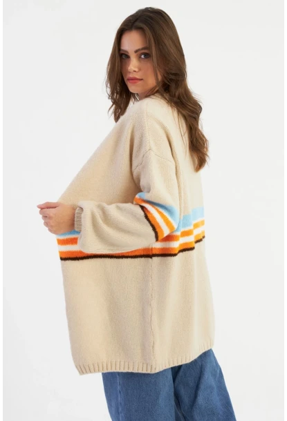 Kadın Taş Renk Çizgili Hırka SMT2429