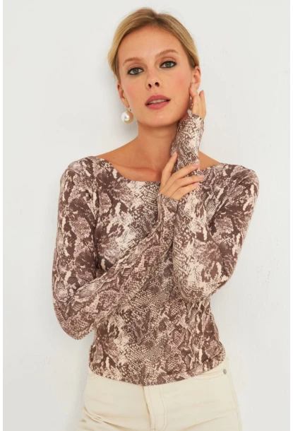 Kadın Taş Sırtı Açık Yılan Desenli Bluz GÇ187