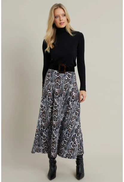 Kadın Taş-Siyah Desenli Çan Etek LON3007