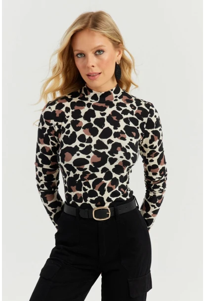 Kadın Taş-Siyah Leopar Desenli Bluz AYD267