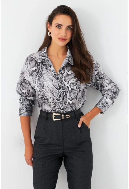 Kadın Taş-Siyah Yılan Desenli Saten Gömlek SHR9