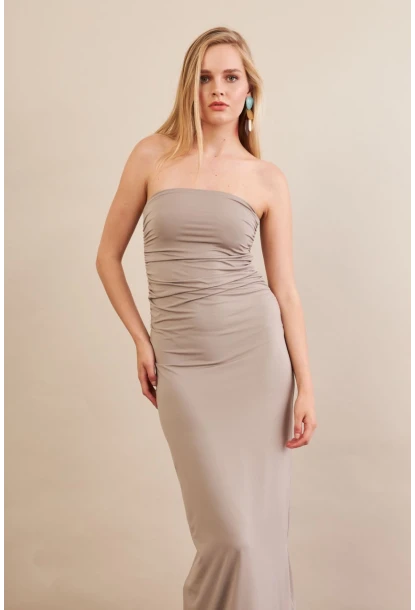 Kadın Taş Straplez Büzgülü Midi Elbise MX2005