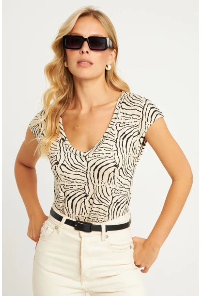 Kadın Taş V Yaka Desenli Bluz LPP1285