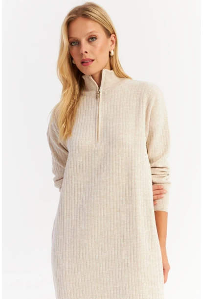 Kadın Taş Yakası Fermuarlı Triko Maxi Elbise MNUV10