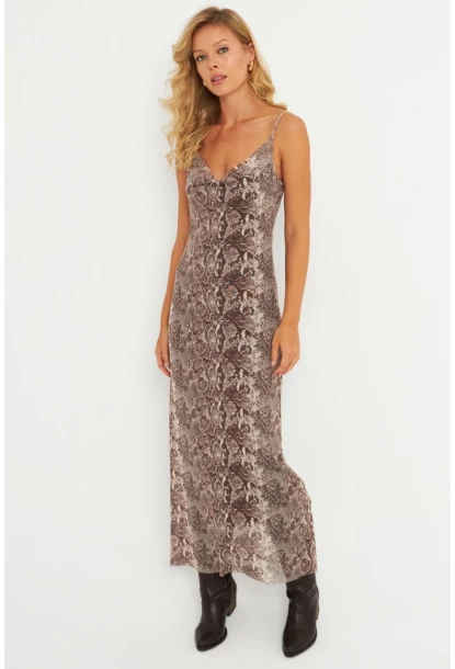 Kadın Taş Yılan Desenli Astarlı Midi Yılbaşı Elbise GÇ180