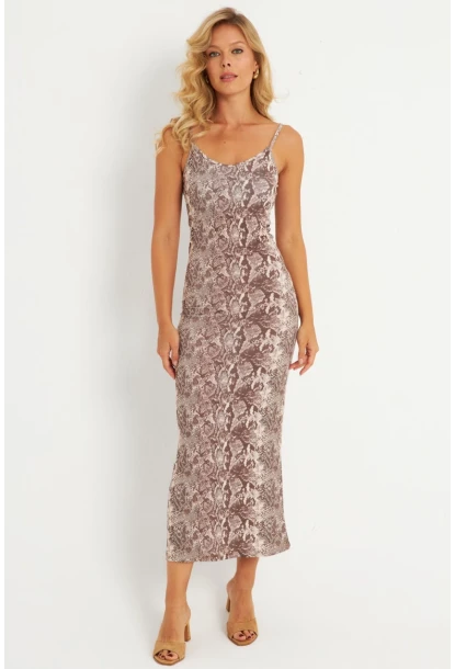 Kadın Taş Yılan Desenli Maxi Elbise MEN2052