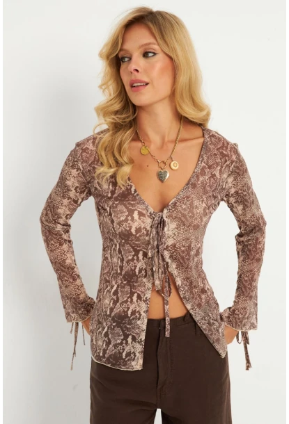 Kadın Taş Yılan Desenli Tül  Bluz GÇ175