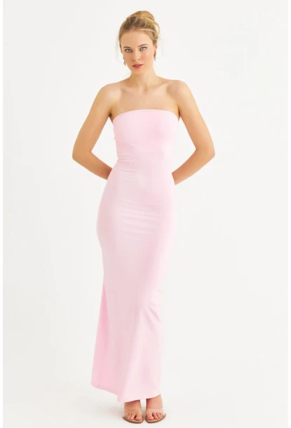 Kadın Toz Pembe Straplez Yırtmaçlı Midi Elbise XC005