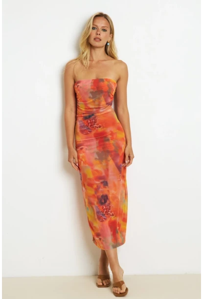 Kadın Turuncu Büzgülü Astarlı Tül Midi Elbise YEL89