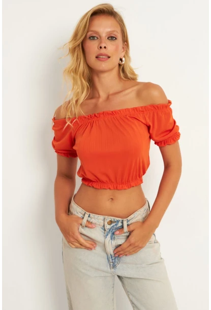 Kadın Turuncu Büzğülü Crop Bluz KAZ13