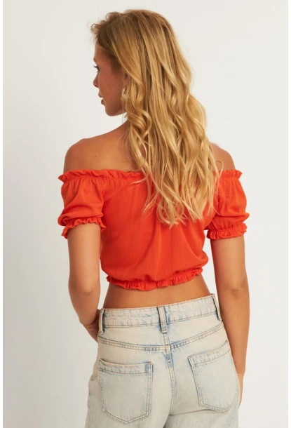 Kadın Turuncu Büzğülü Crop Bluz KAZ13