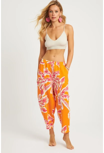 Kadın Turuncu Desenli Keten Şalvar Pantolon K1253