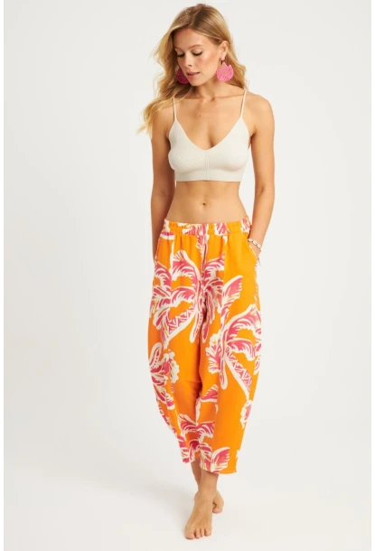 Kadın Turuncu Desenli Keten Şalvar Pantolon K1253