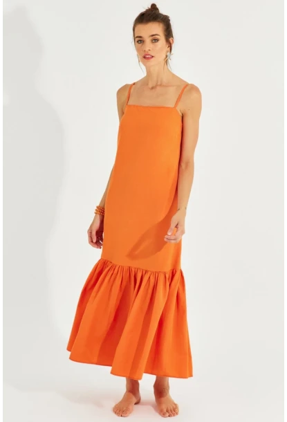 Kadın Turuncu Eteği Volanlı Askılı Midi Elbise MEN2001