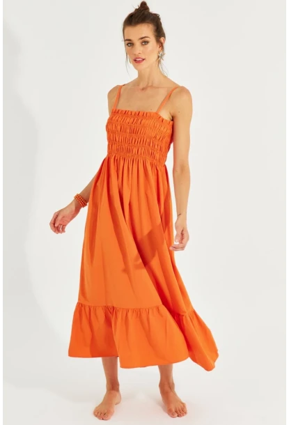 Kadın Turuncu Gipeli Askılı Midi Elbise MEN2000