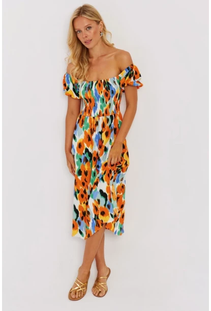 Kadın Turuncu Gipeli Desenli Midi Elbise MON126