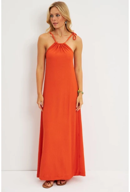 Kadın Turuncu Halter Yaka Bürümcük Midi Elbise EY2788