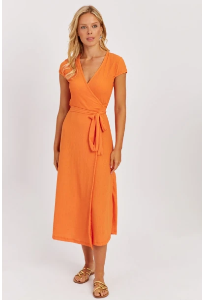 Kadın Turuncu Kruvaze Midi Elbise EY2781