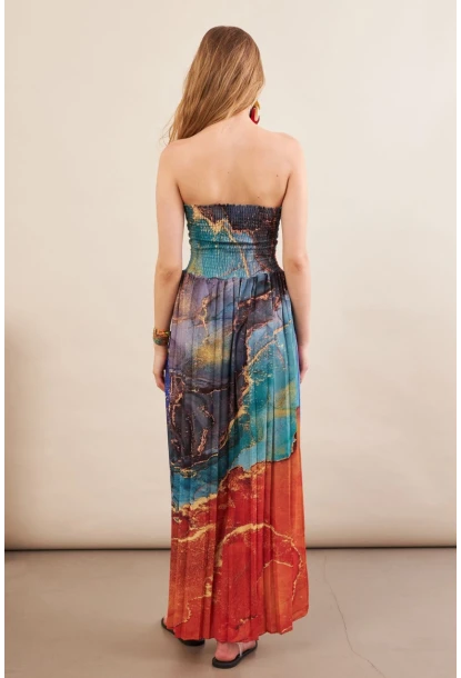 Kadın Turuncu-Mavi Straplez Pilise Uzun Elbise MSİ100