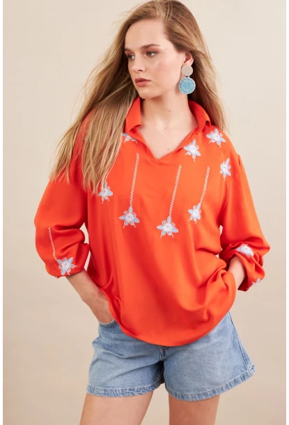 Kadın Turuncu Nakışlı Bluz MPC1345