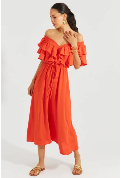 Kadın Turuncu Ön Arka V Volanlı Elbise KS113