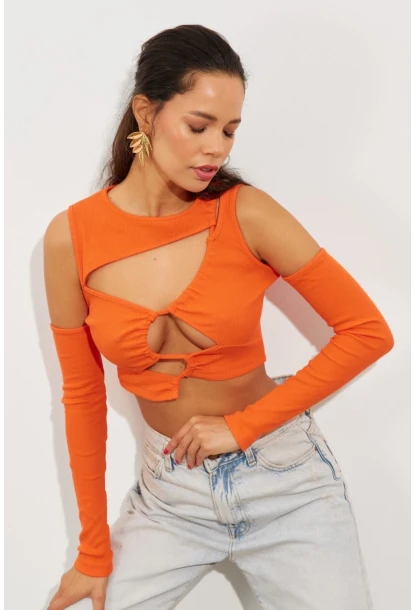 Kadın Turuncu Pencereli Kaşkorse Crop Bluz B2403