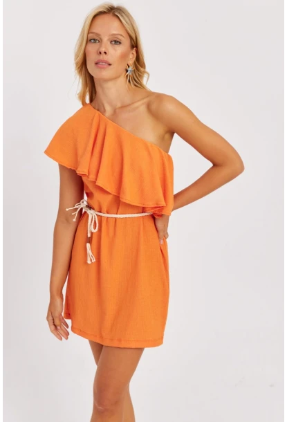 Kadın Turuncu Tek Omuz Mini Elbise EY2778